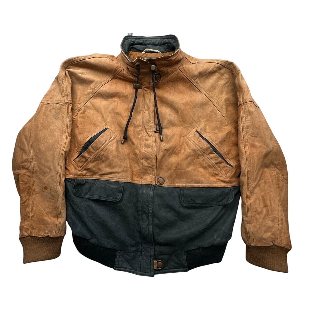 Vintage Brandon Thomas Two Tone Bomber Leather Jacket Small Full Zip Snap Button